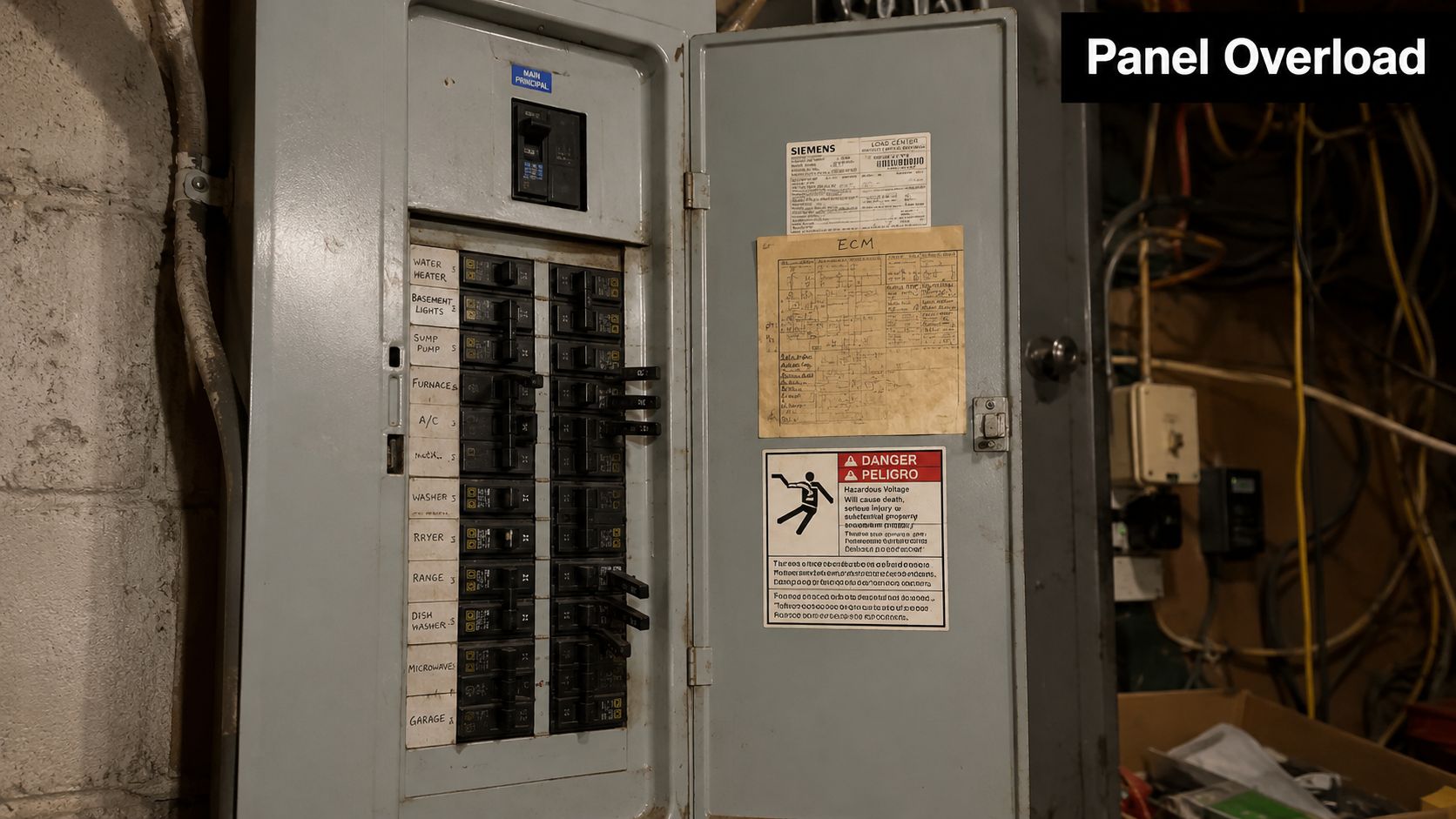 An open electrical breaker panel in a basement with various switches and warning safety labels attached.
