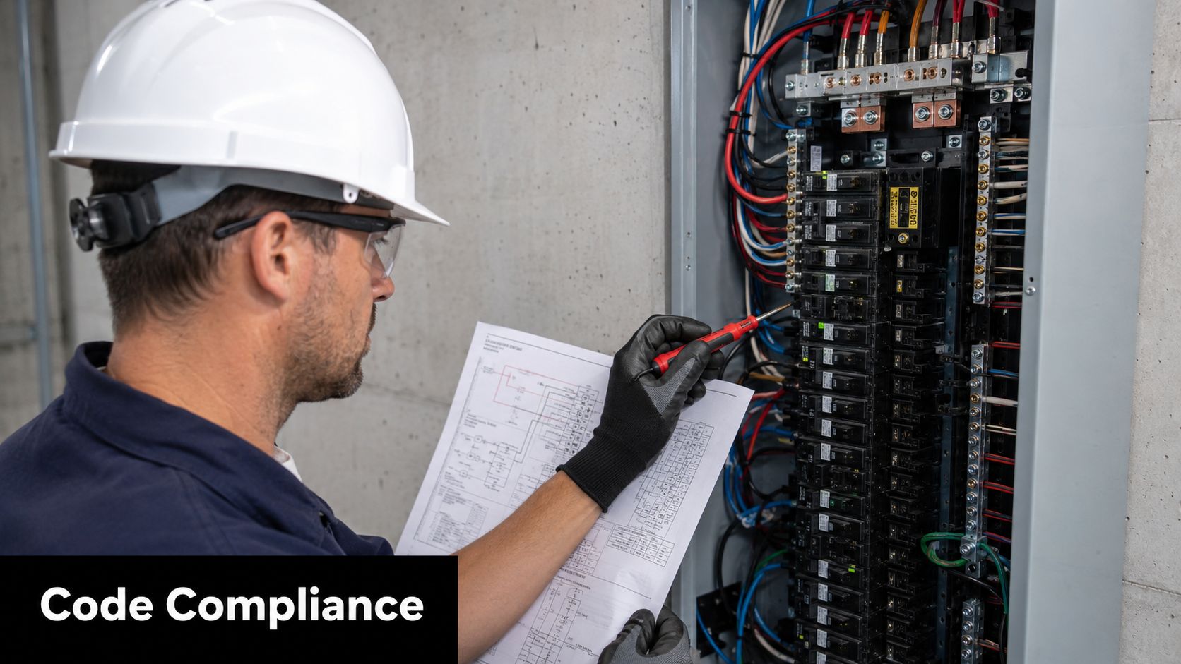 An electrician wearing a hard hat and safety glasses checks an electrical panel against technical wiring diagrams.