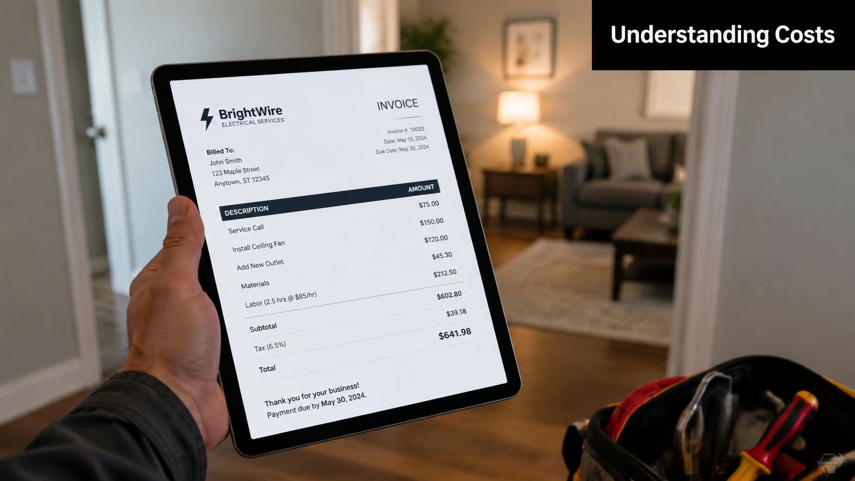 A hand holding a tablet displaying a detailed BrightWire Electrical Services invoice for residential electrical repairs.