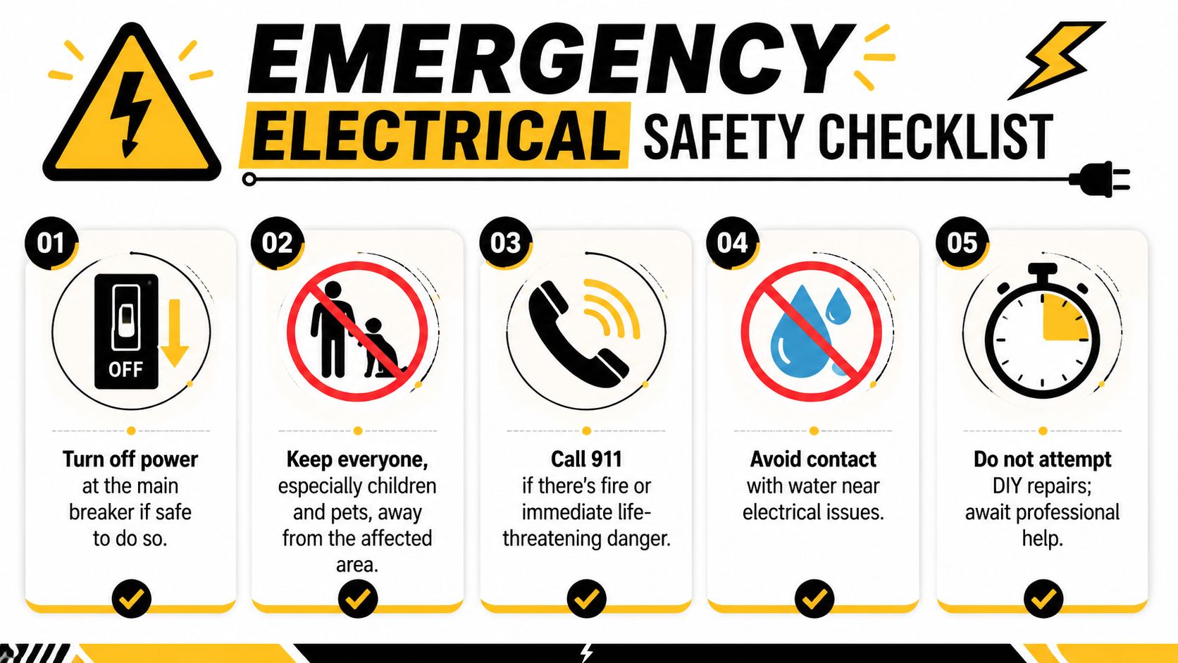 An emergency electrical safety checklist infographic displaying five steps to take during an electrical hazard situation.