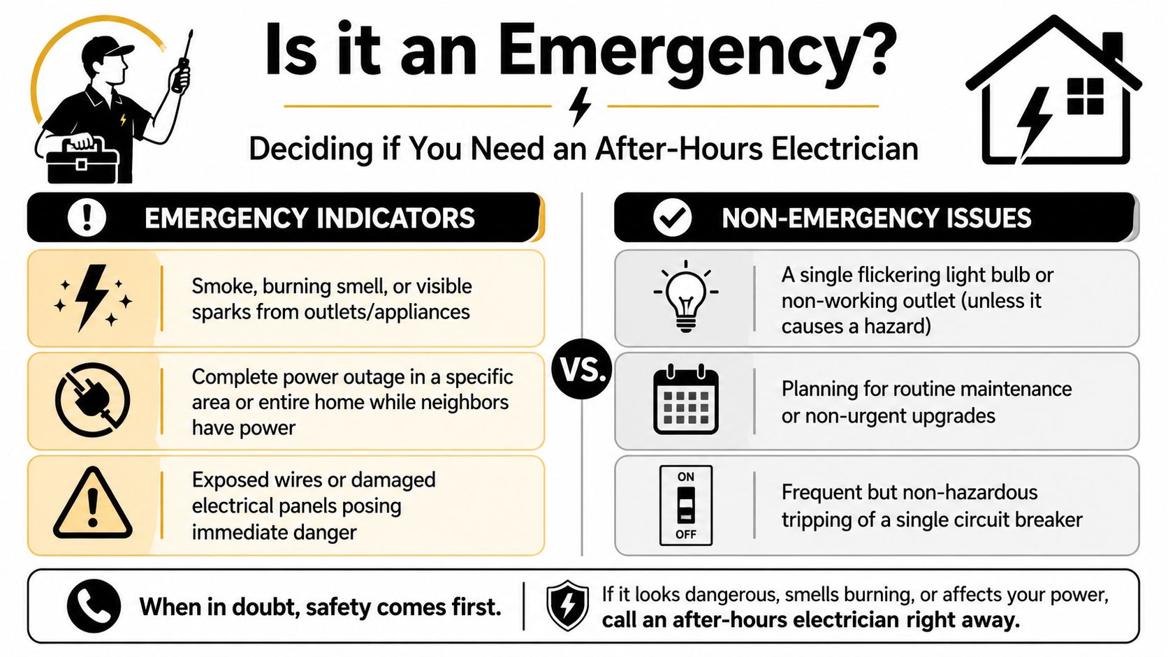 An infographic titled Is it an Emergency, contrasting urgent electrical issues with non-emergency maintenance situations for homeowners.