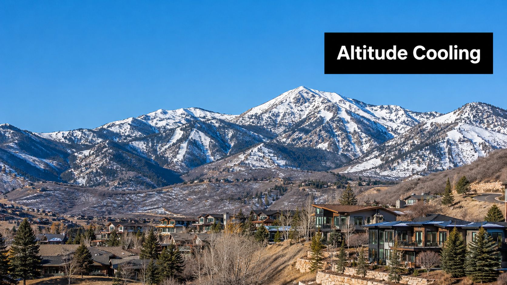 A scenic view of a luxurious residential area in Park City, Utah, set against snow-capped mountain peaks.