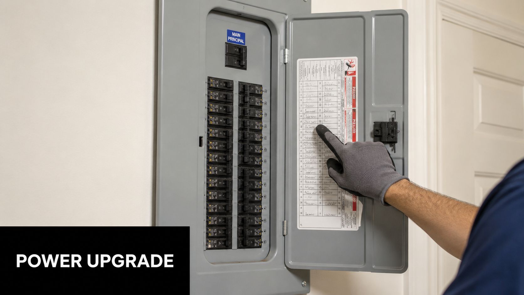 A professional electrician in work gloves checking the circuit breaker panel labels for a power upgrade.