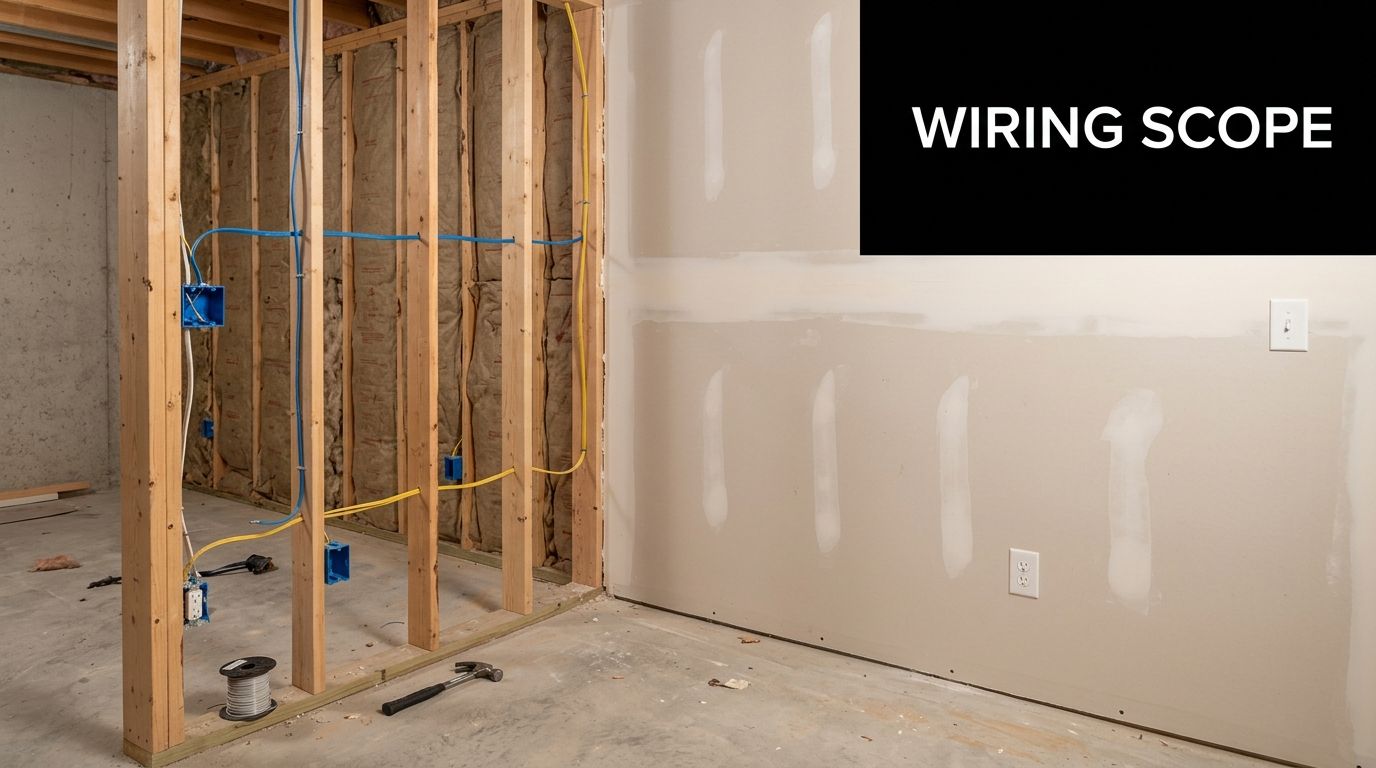 A partially finished basement showing open wooden wall studs with electrical wiring and a completed drywall section.