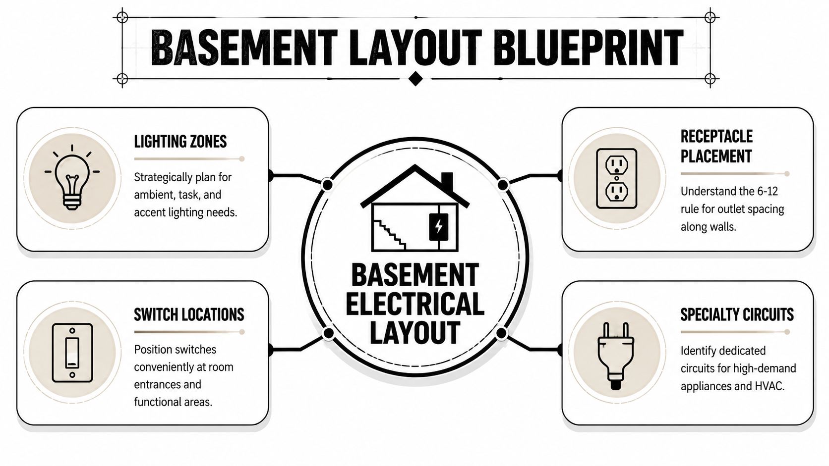 A diagram outlining key considerations for planning a basement electrical layout including lighting, switches, receptacles, and circuits.