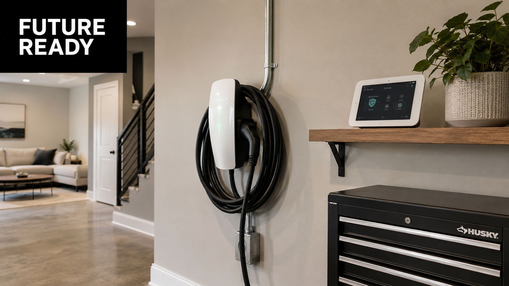 A modern Tesla wall charger mounted on a wall with a tablet and toolbox in a basement.