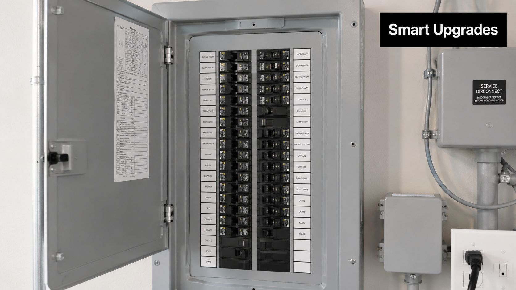An open residential electrical circuit breaker panel mounted on a wall with labels for various household appliances.