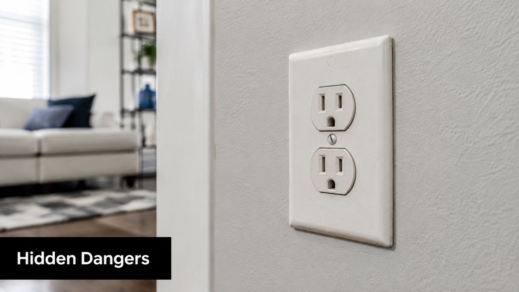 A close-up view of a standard white electrical outlet mounted on a neutral grey indoor wall.