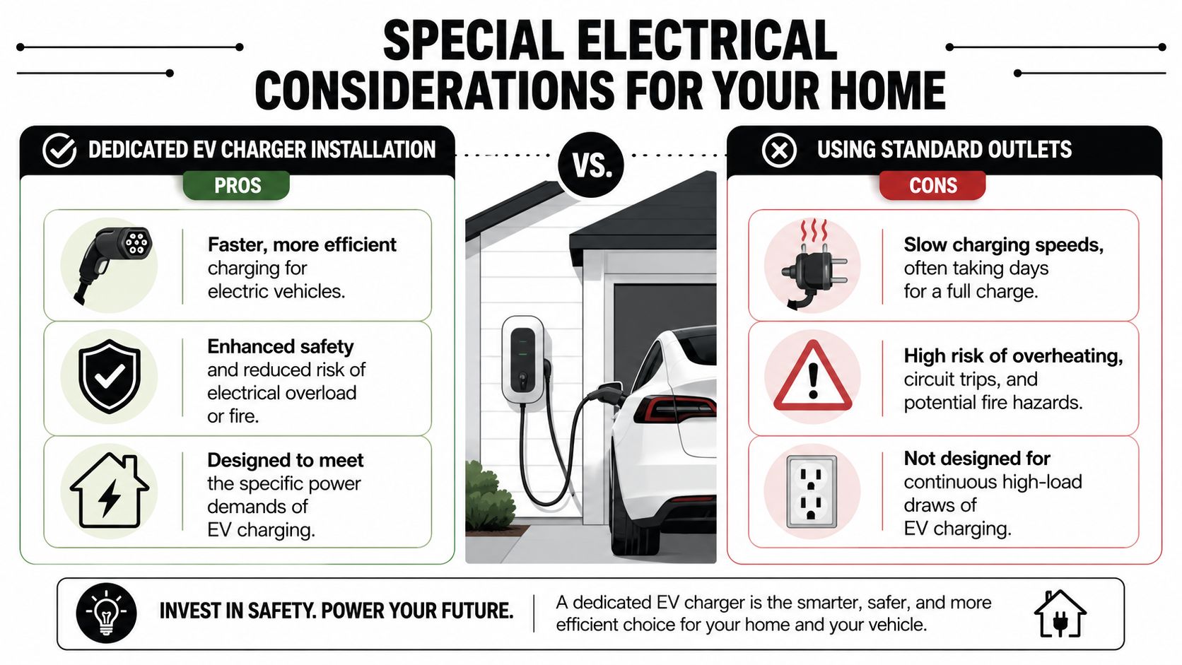 An infographic comparing dedicated EV charger installation with using standard outlets for charging electric vehicles at home.