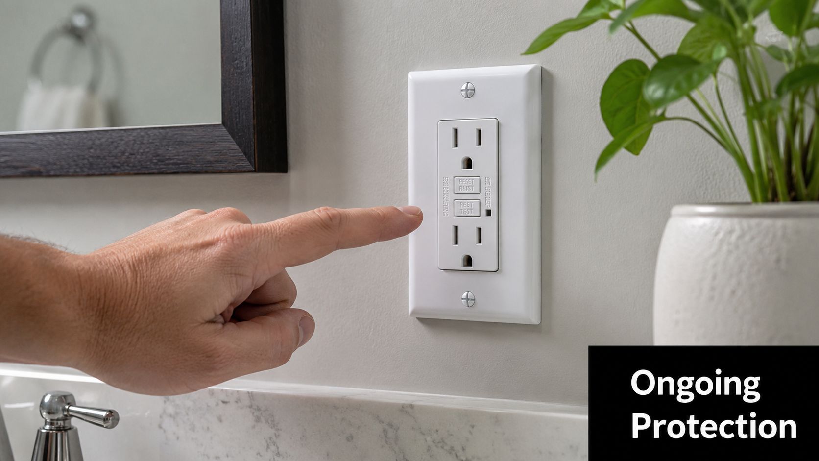A close-up view of a person pressing the test button on a white GFCI outlet in a bathroom.