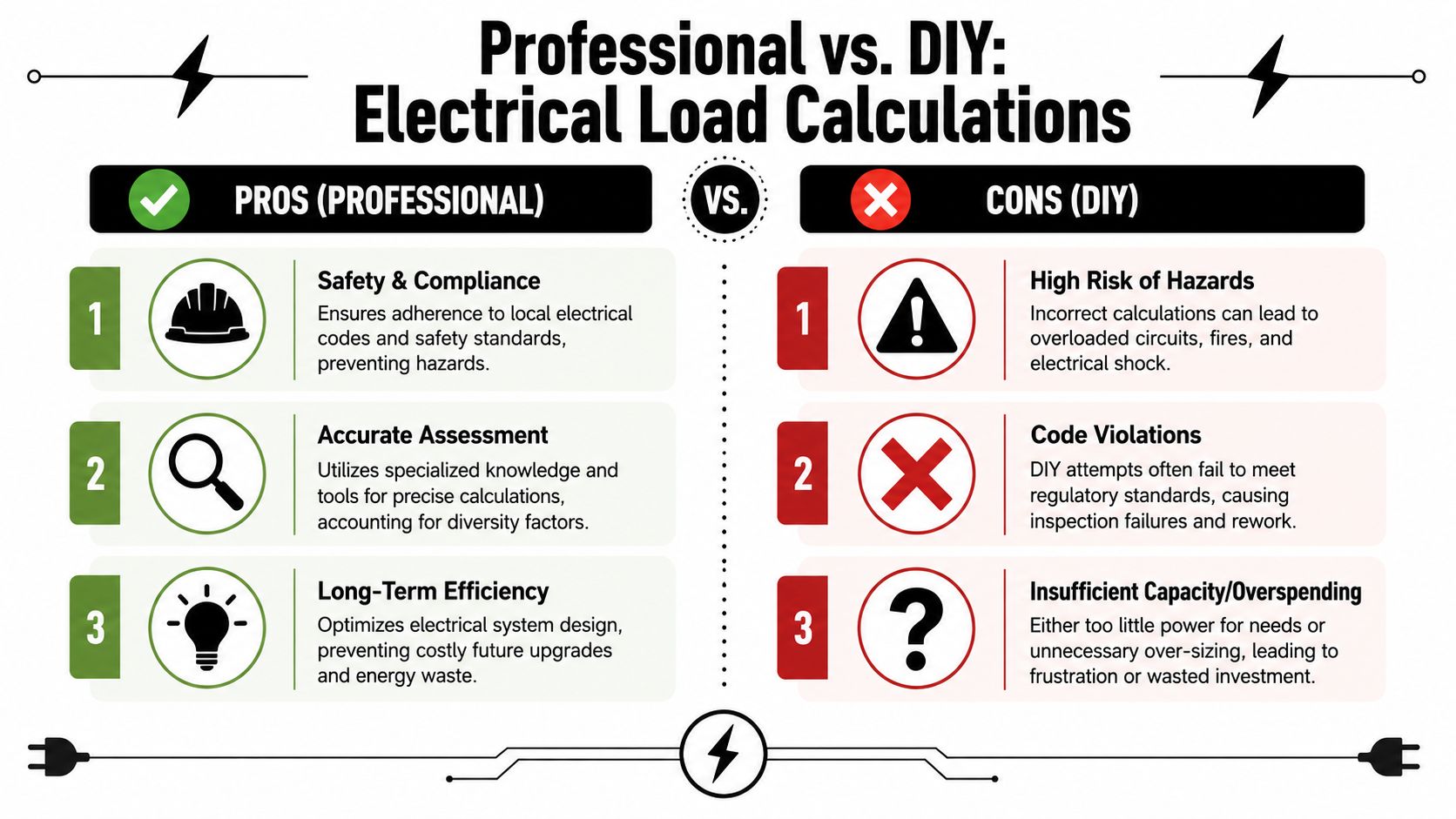 A comparison chart showing the benefits of professional electrical load calculations versus the risks of DIY methods.