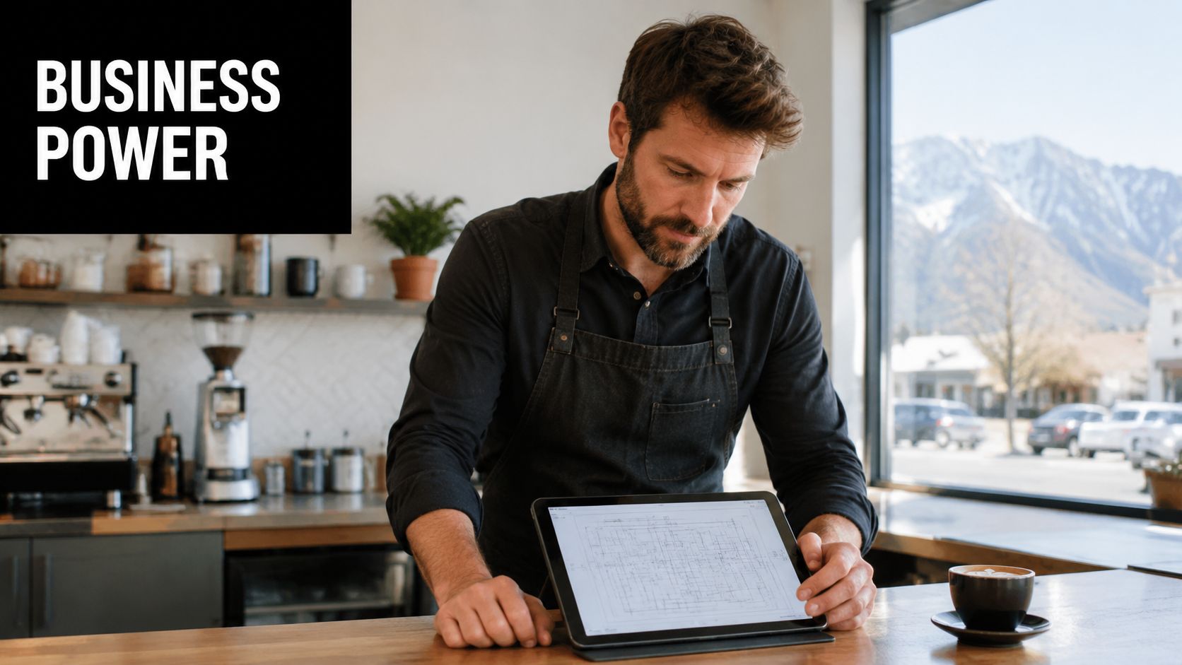 A professional man with a beard, wearing an apron, reviewing electrical plans on a tablet in a coffee shop.