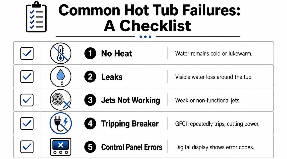 A checklist highlighting five common hot tub failures including no heat, leaks, jet issues, and electrical problems.