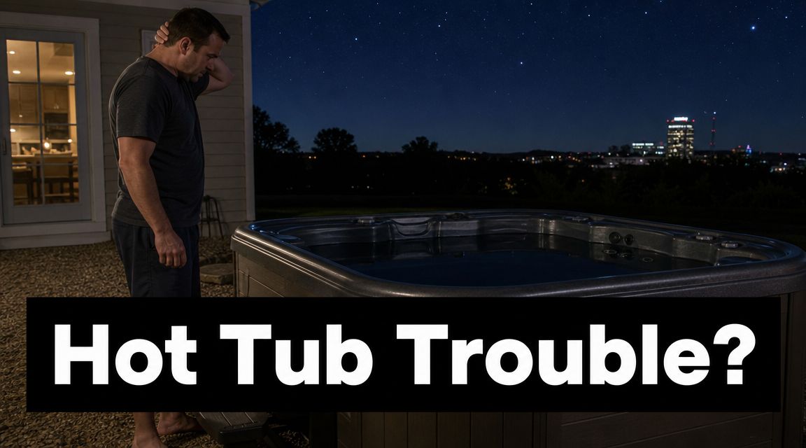 A man looking frustrated standing next to a hot tub at night with a city skyline behind.
