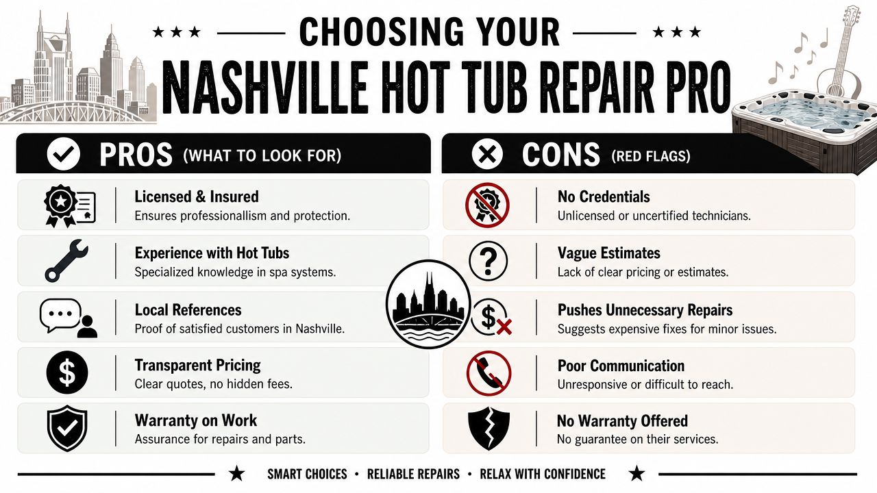 A guide listing pros and cons for choosing a professional hot tub repair service in Nashville.