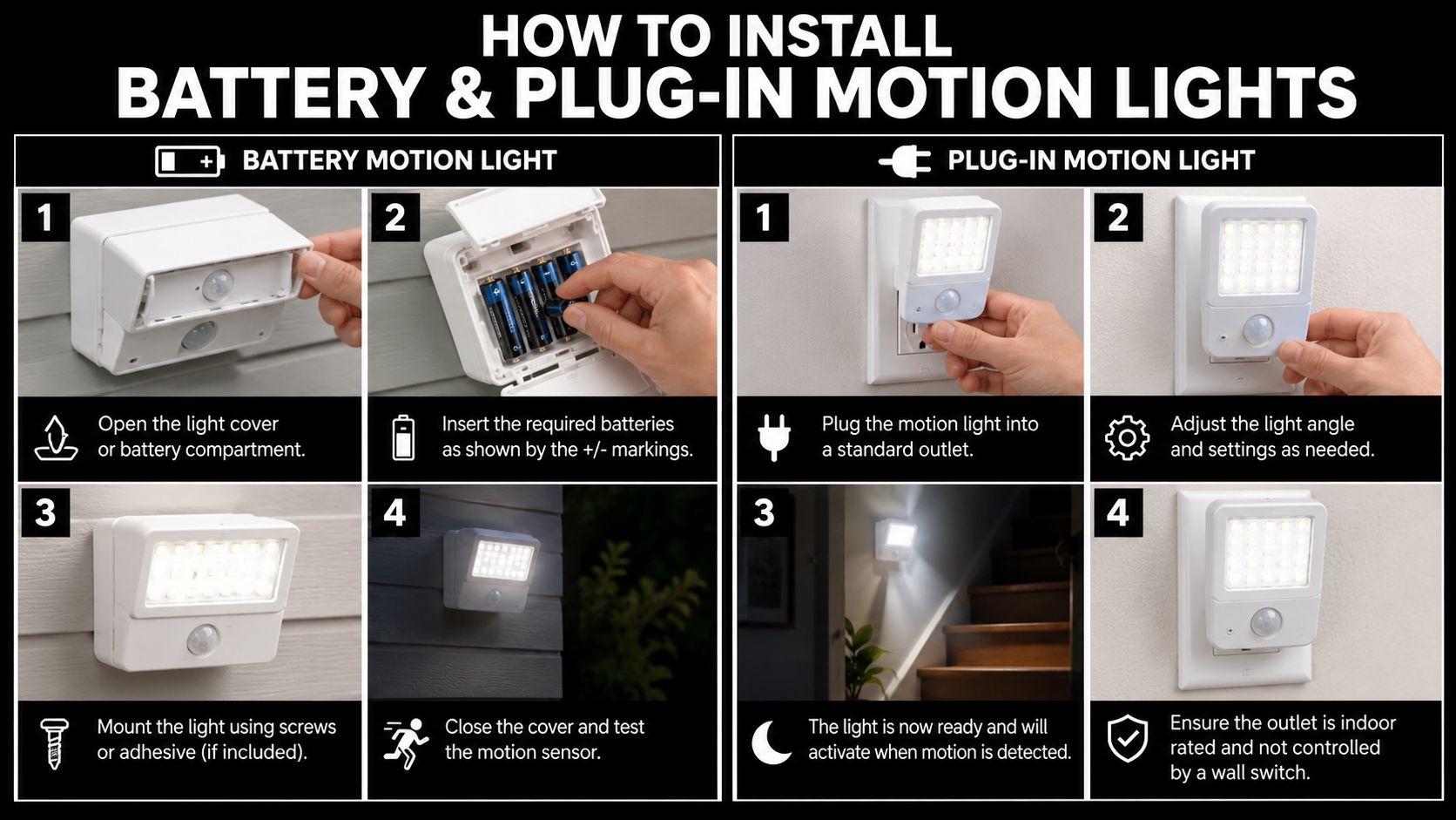 A visual guide showing step-by-step instructions for installing both battery-operated and plug-in motion sensor lights.