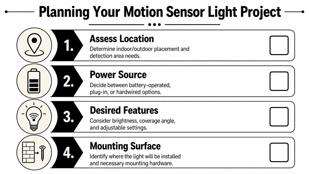 An infographic titled Planning Your Motion Sensor Light Project listing four essential preparation steps for installation.