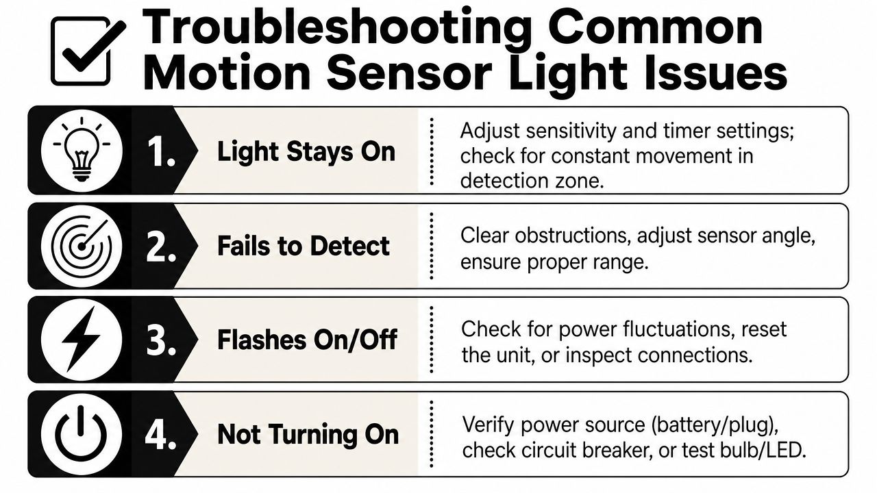 A troubleshooting guide chart for common issues with motion sensor lights including tips for repairs and maintenance.