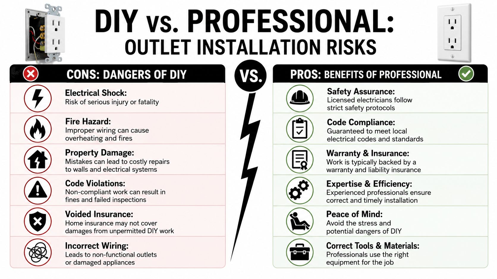 A comparison infographic showing the risks of DIY outlet installation versus the benefits of hiring professional electricians.