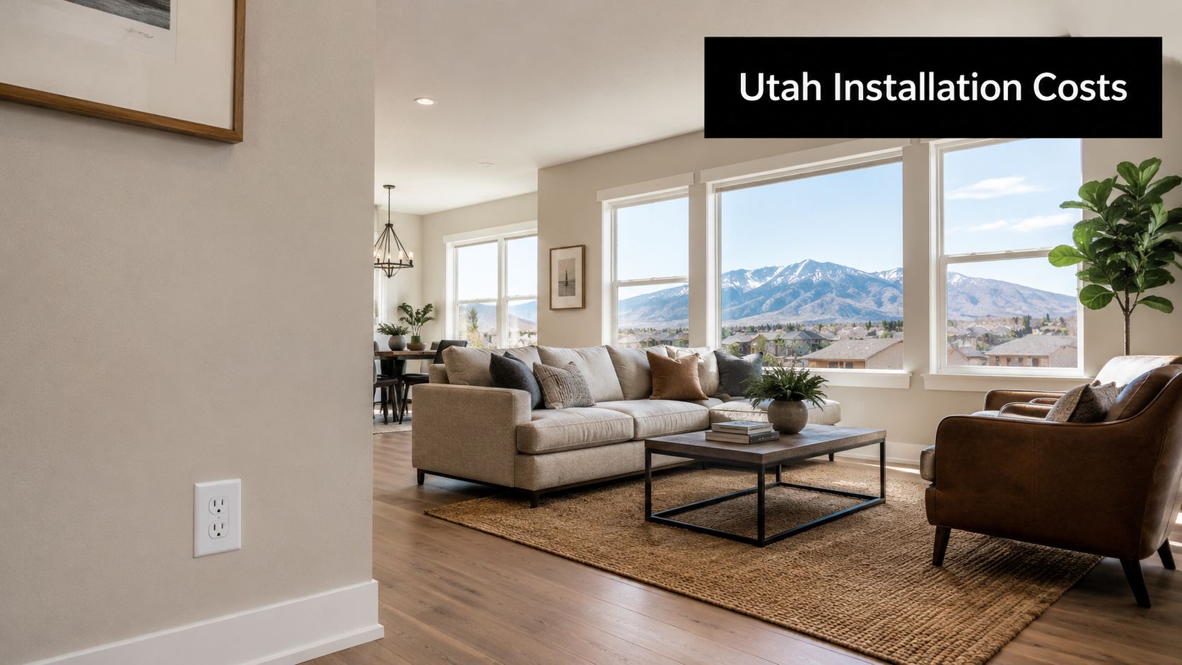 A modern living room with a neutral color palette, large windows, and a wall outlet visible.