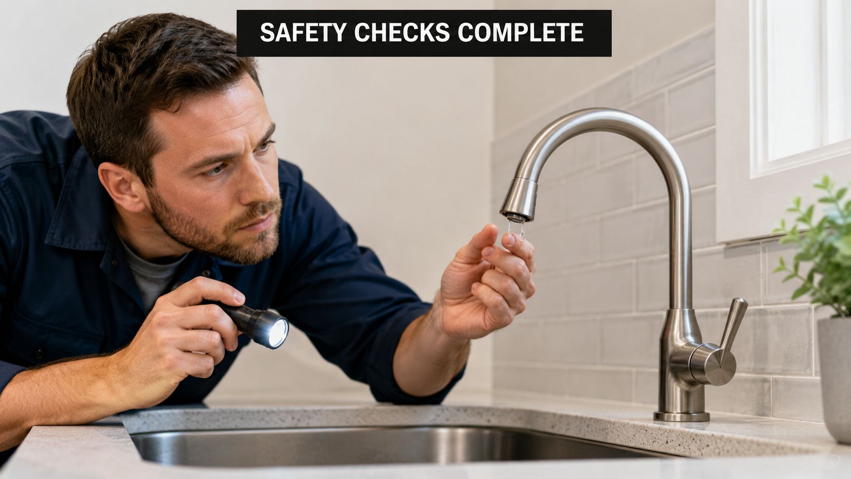 A professional plumber inspects a kitchen faucet with a flashlight to ensure it is functioning correctly.