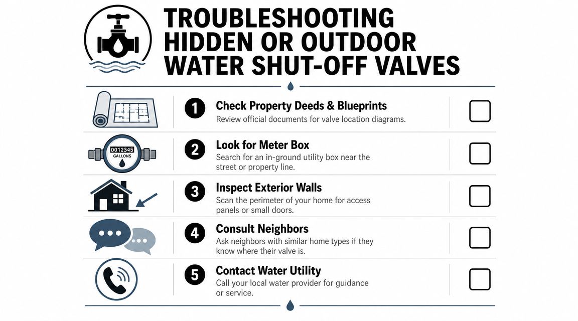 An infographic checklist for troubleshooting the location of hidden or outdoor residential main water shut-off valves.