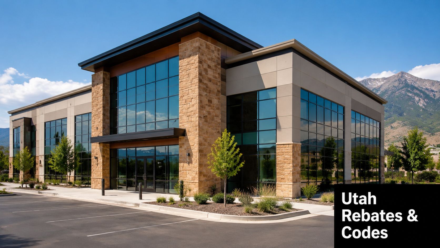 A modern commercial building exterior with stone facade, large glass windows, and a mountain background view.