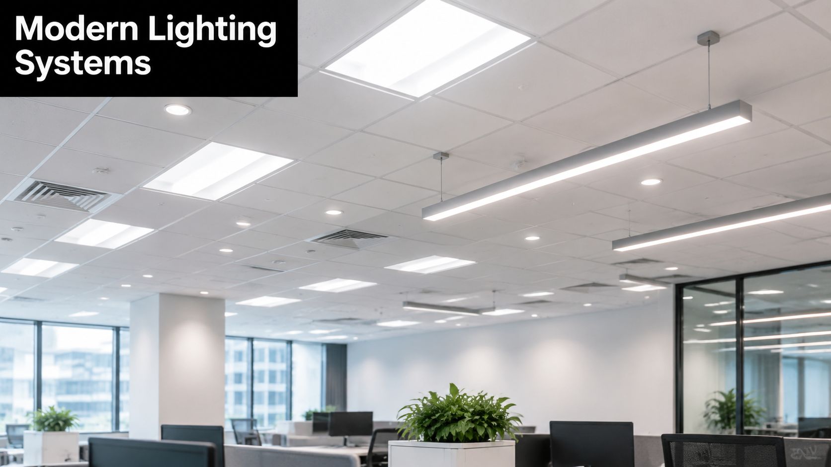 A modern office space featuring integrated ceiling grid lighting and suspended linear LED light fixtures.