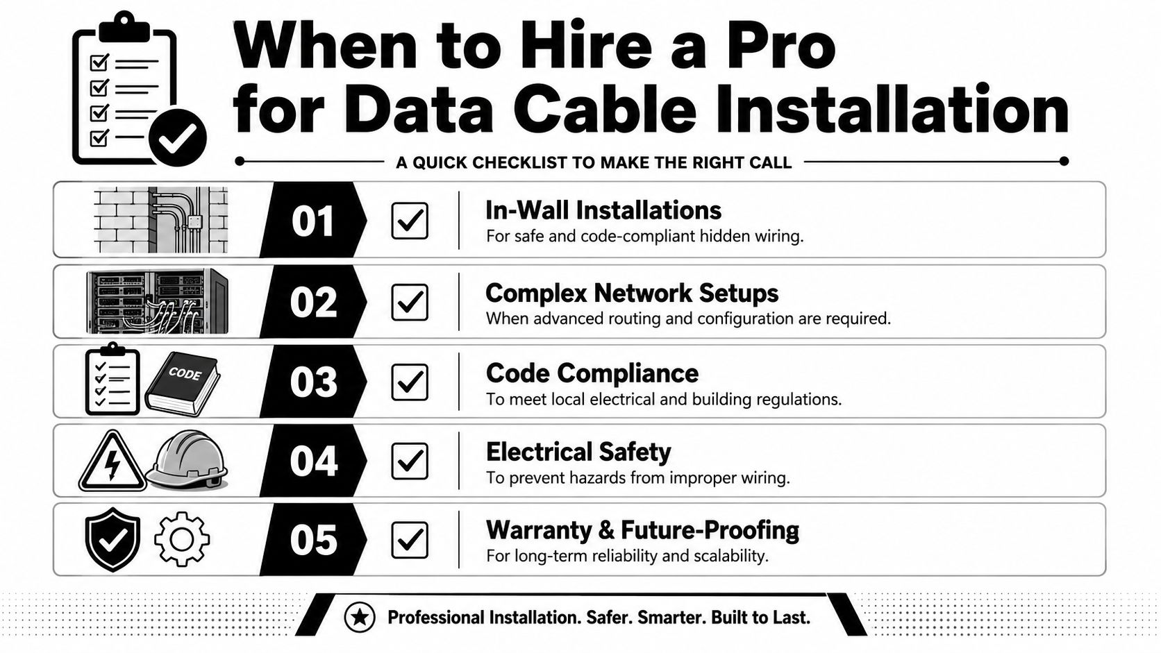 A checklist infographic explaining the five key reasons to hire a professional for data cable installation services.