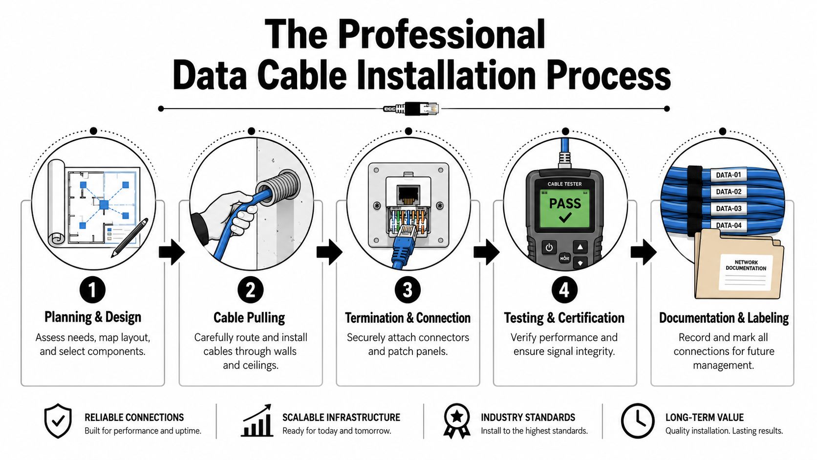 A diagram outlining the five-step professional data cable installation process from planning to final documentation.