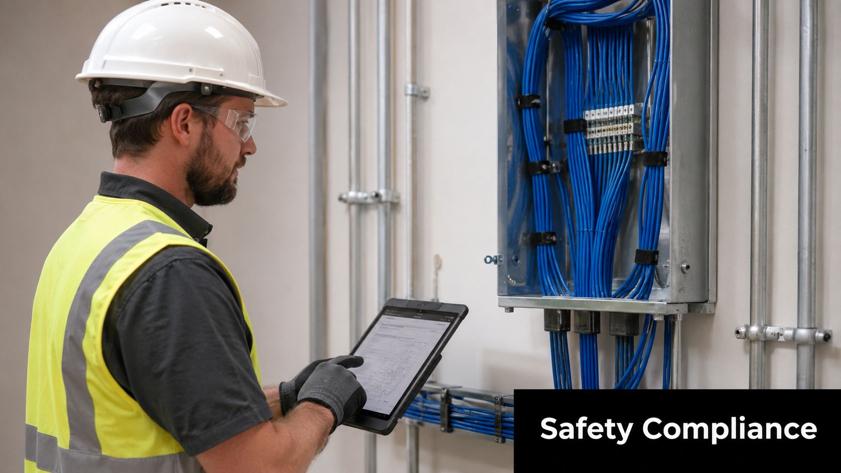 A technician wearing a hard hat and safety gear reviews digital documents near a structured data cable installation.