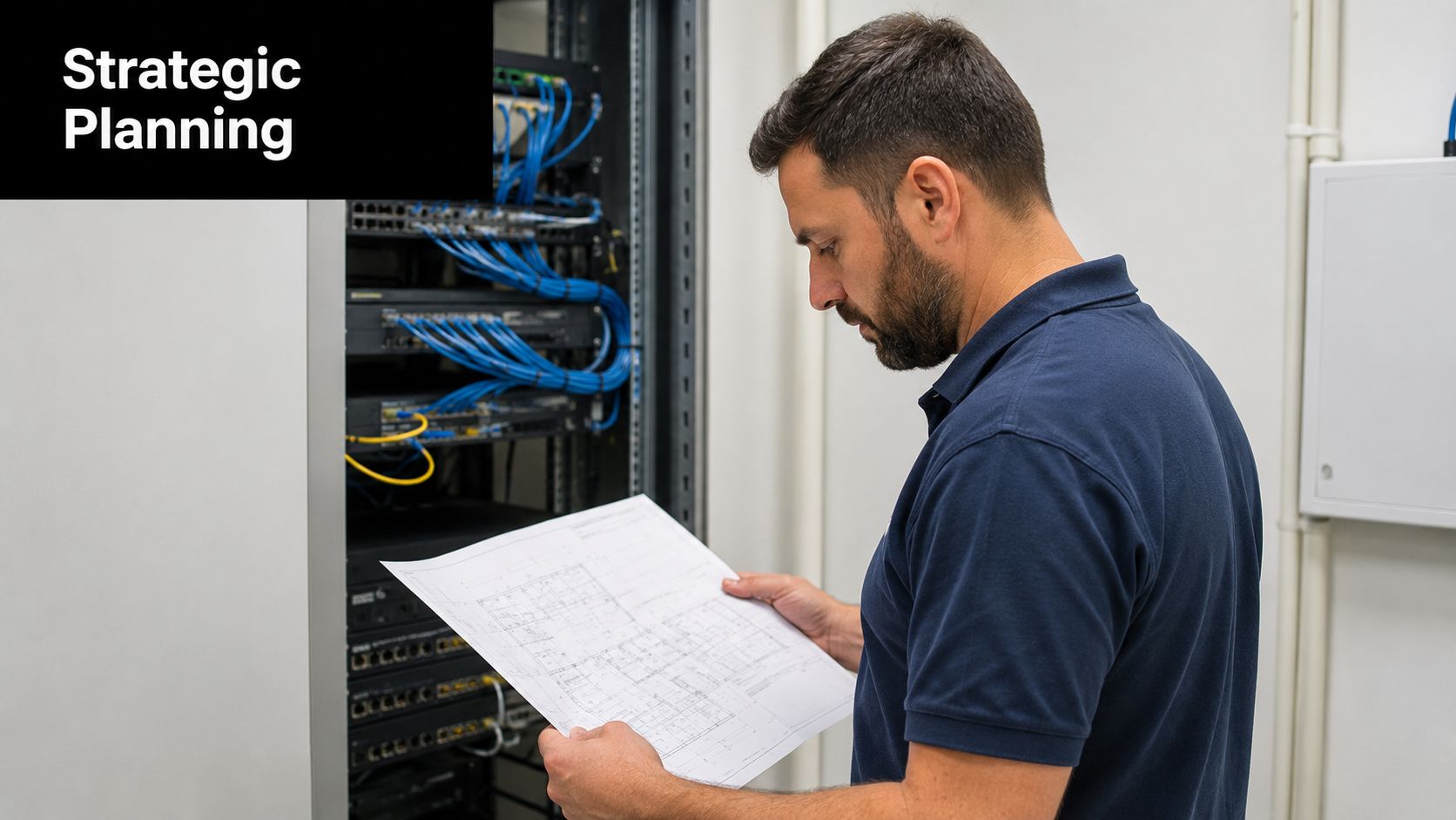 A technician examining technical floor plans while standing in front of a network server rack.