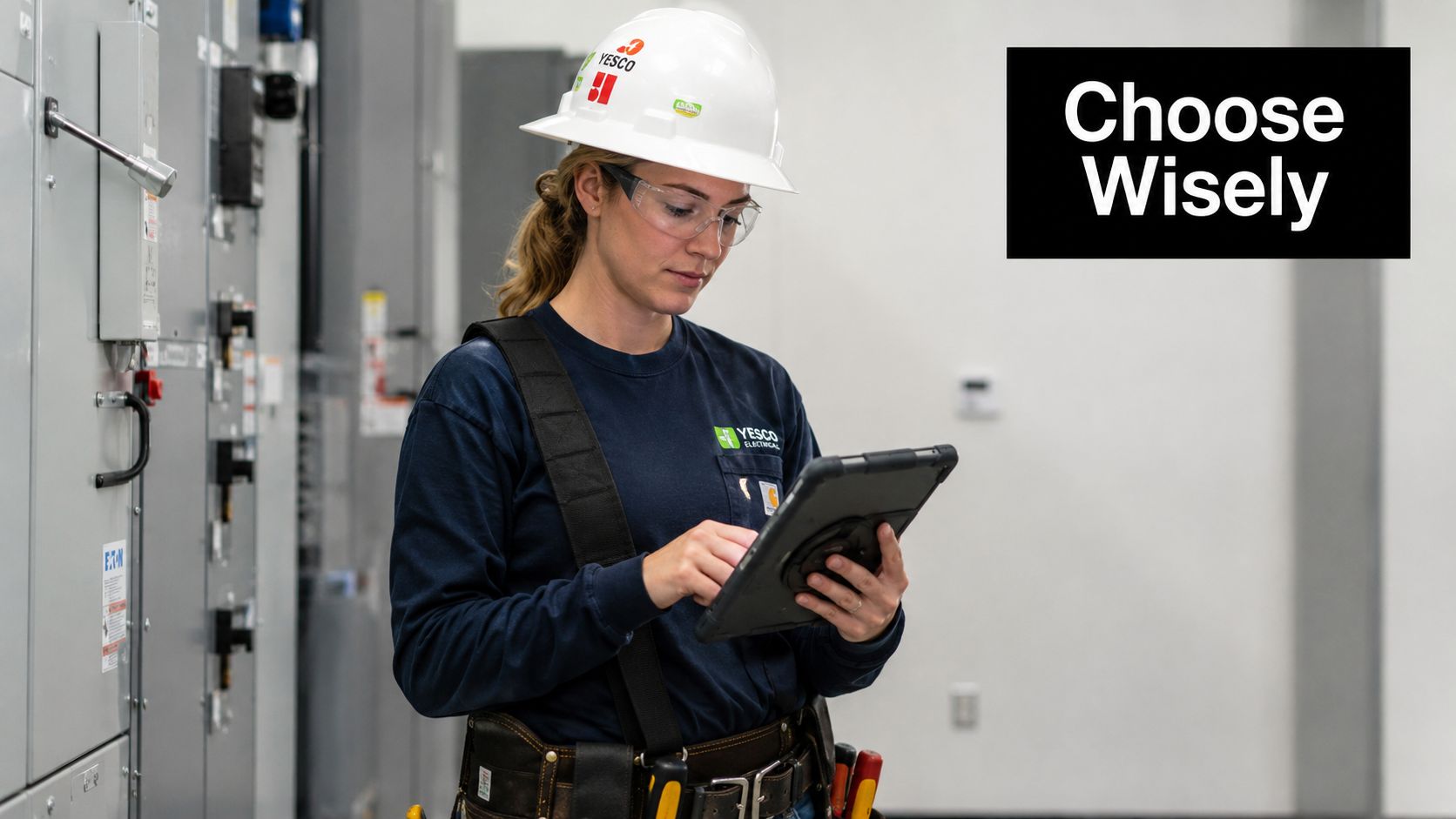 A female electrical technician wearing a hard hat and safety glasses reviewing data on a digital tablet.
