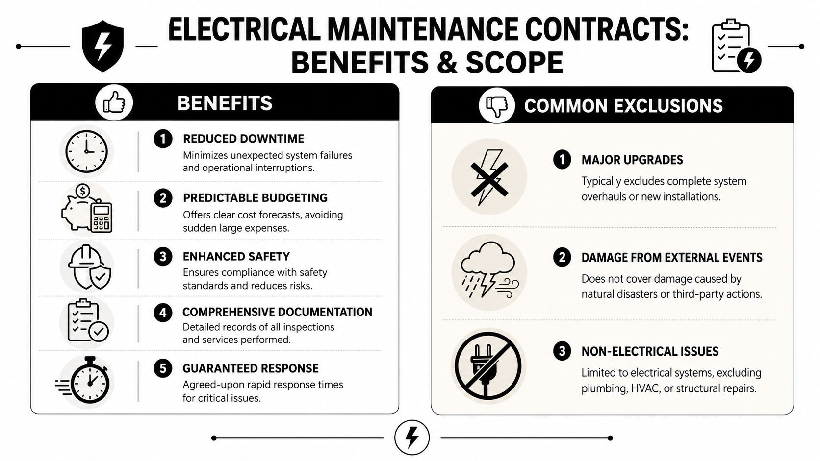 An infographic titled Electrical Maintenance Contracts detailing key benefits and common exclusions for facility management services.