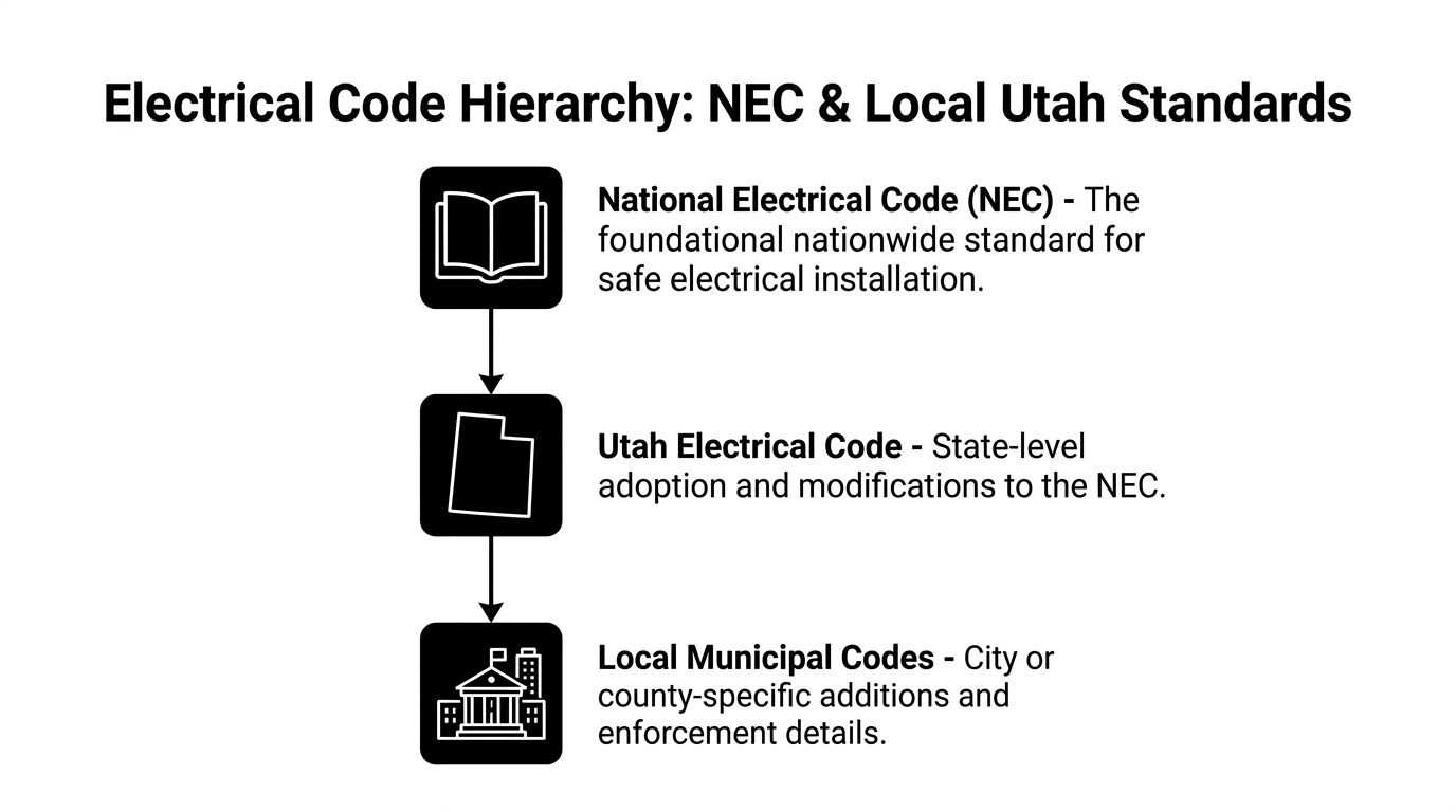A diagram illustrating the hierarchy of electrical codes from national, to state, and local municipal levels.