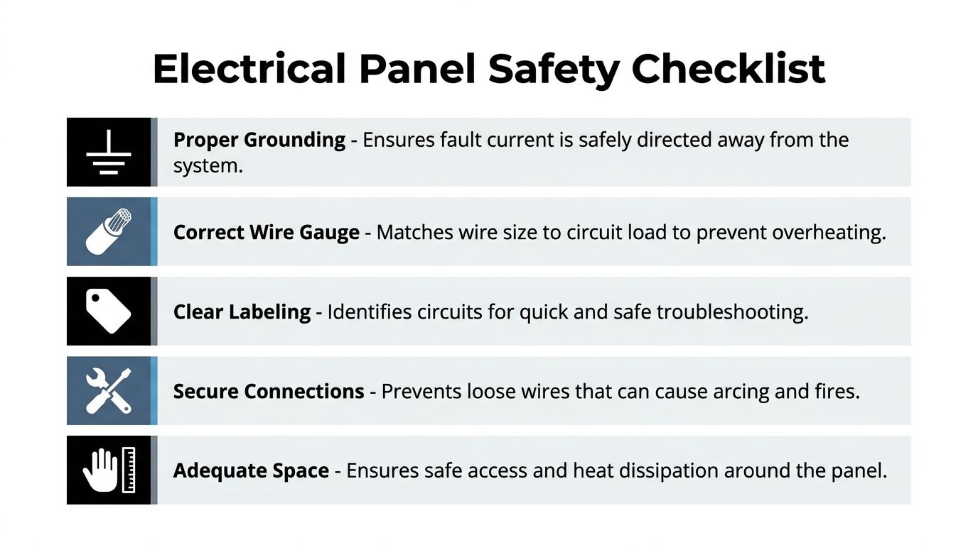 A safety checklist infographic listing five essential requirements for maintaining a safe electrical panel system.