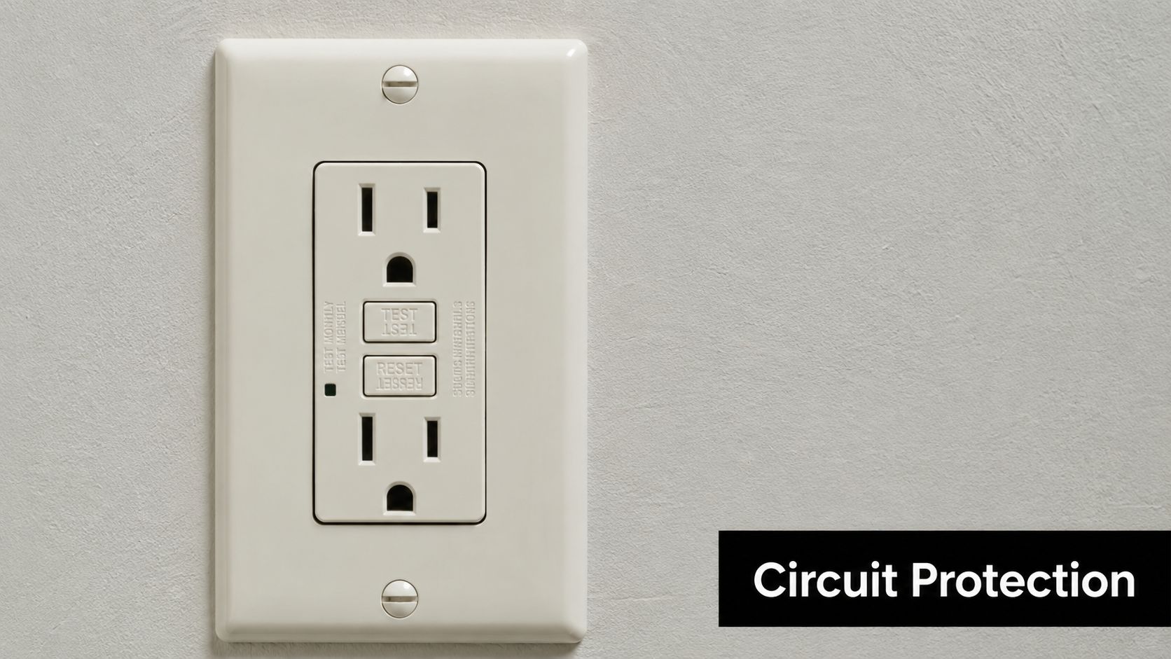 A standard beige electrical wall outlet with GFCI test and reset buttons installed on a wall.