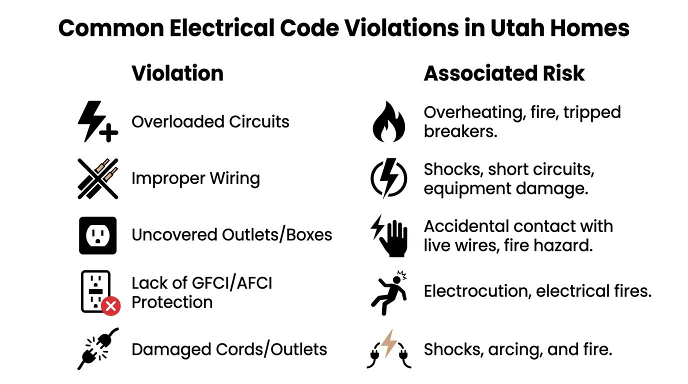 A chart detailing common electrical code violations in Utah homes and their associated safety risks.
