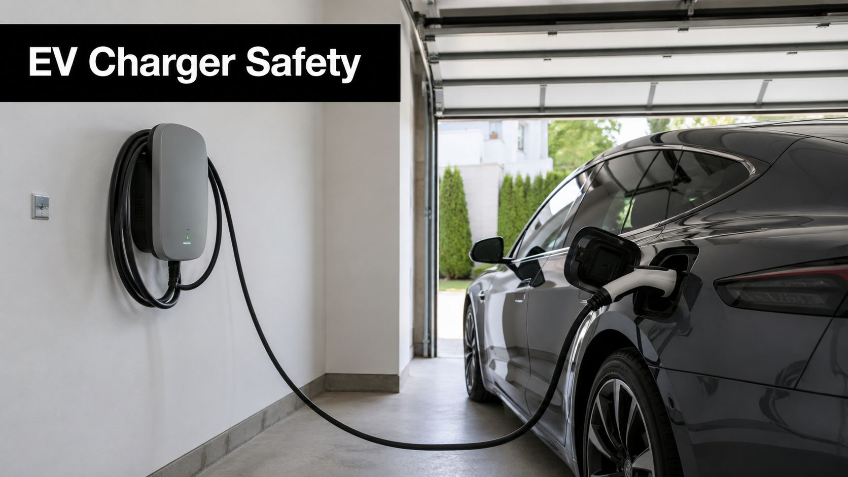 A modern grey electric vehicle charging station mounted on a garage wall, charging a parked car.