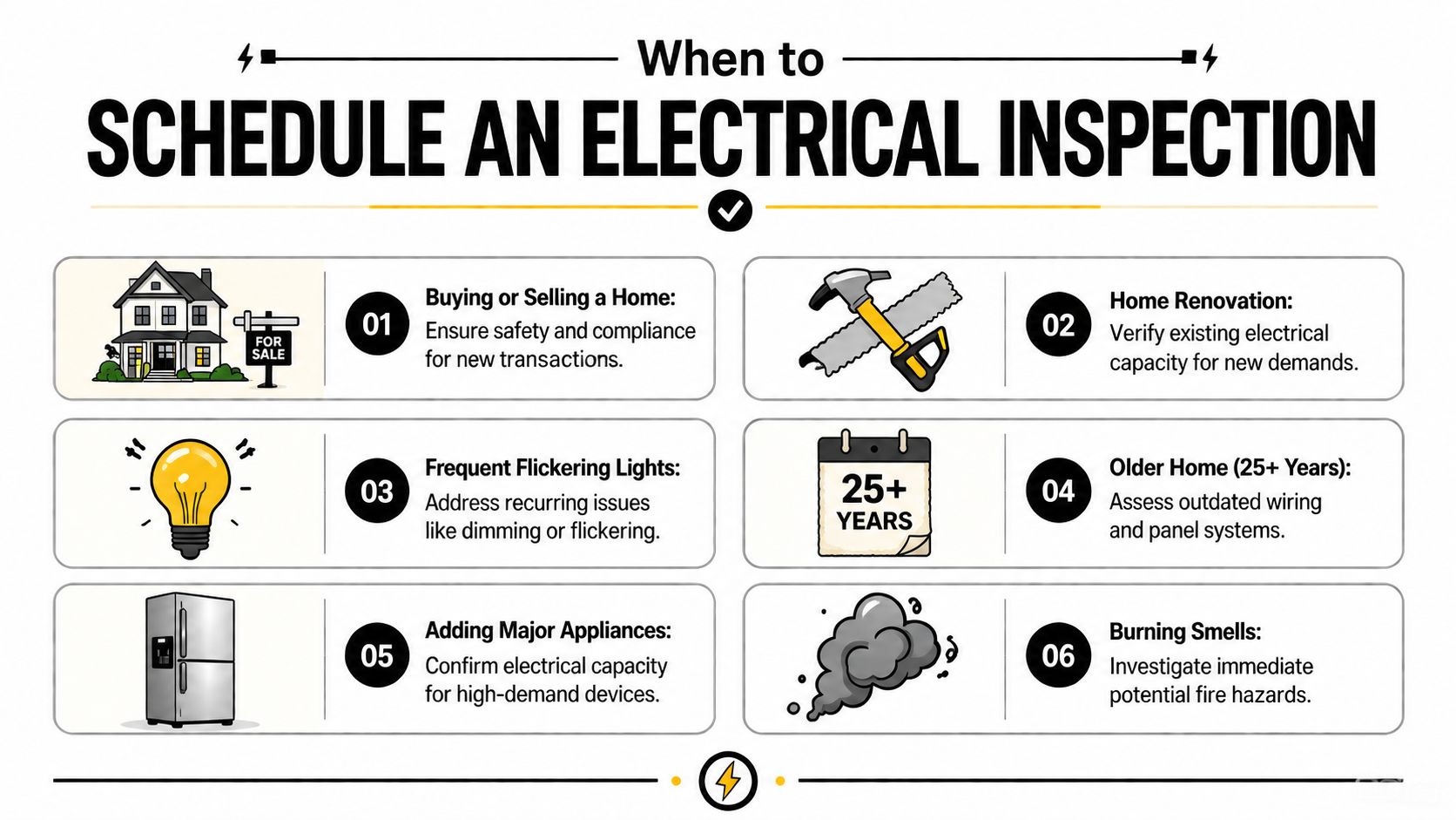 An infographic detailing six important scenarios for scheduling a professional home electrical inspection for safety.
