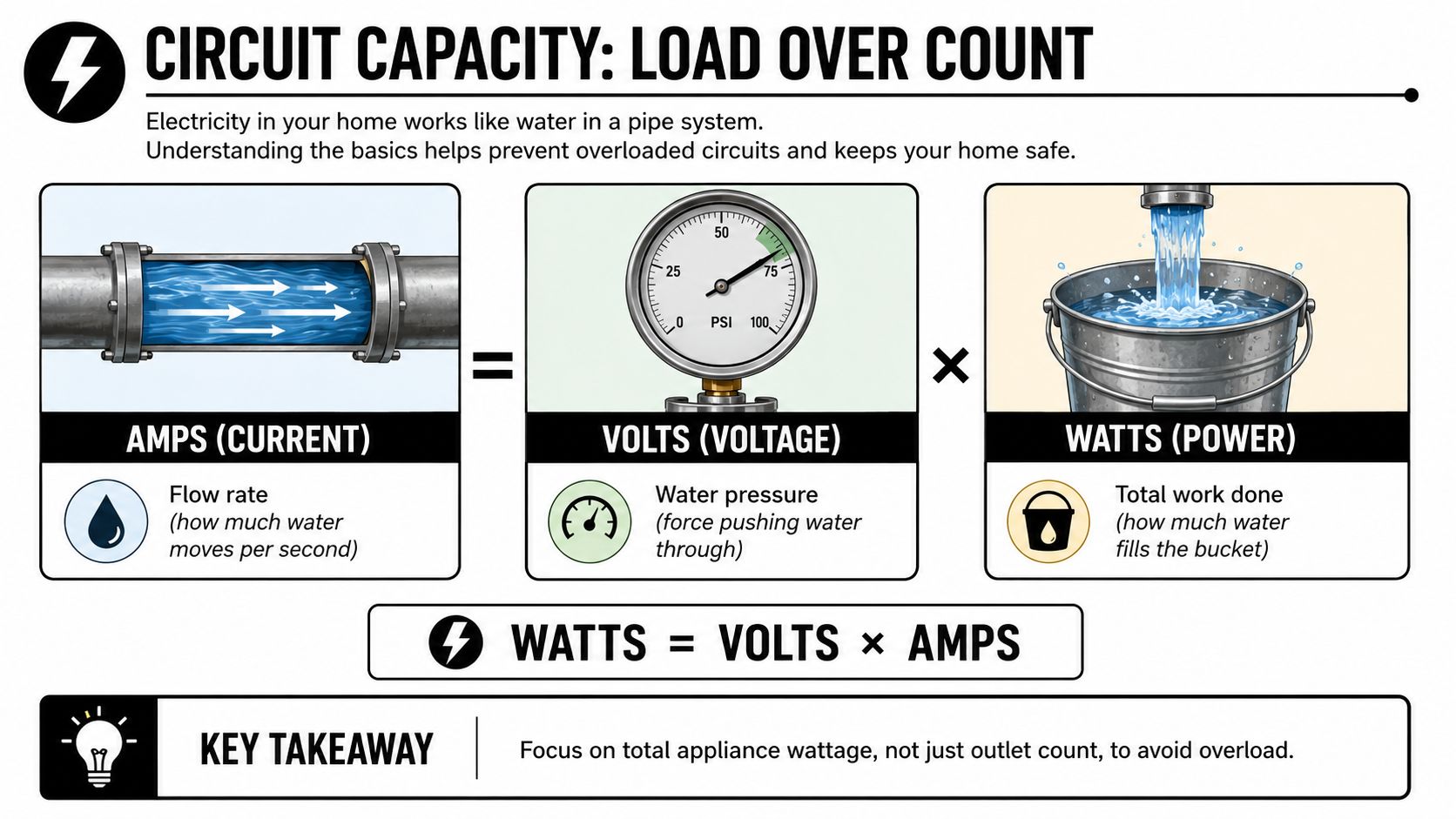 An infographic explaining electrical circuit capacity using a water analogy for amps, volts, and watts.