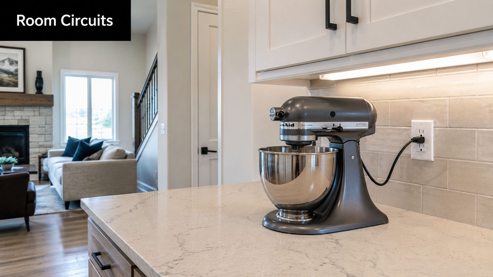 A KitchenAid stand mixer plugged into a wall outlet on a kitchen countertop with an open living room background.