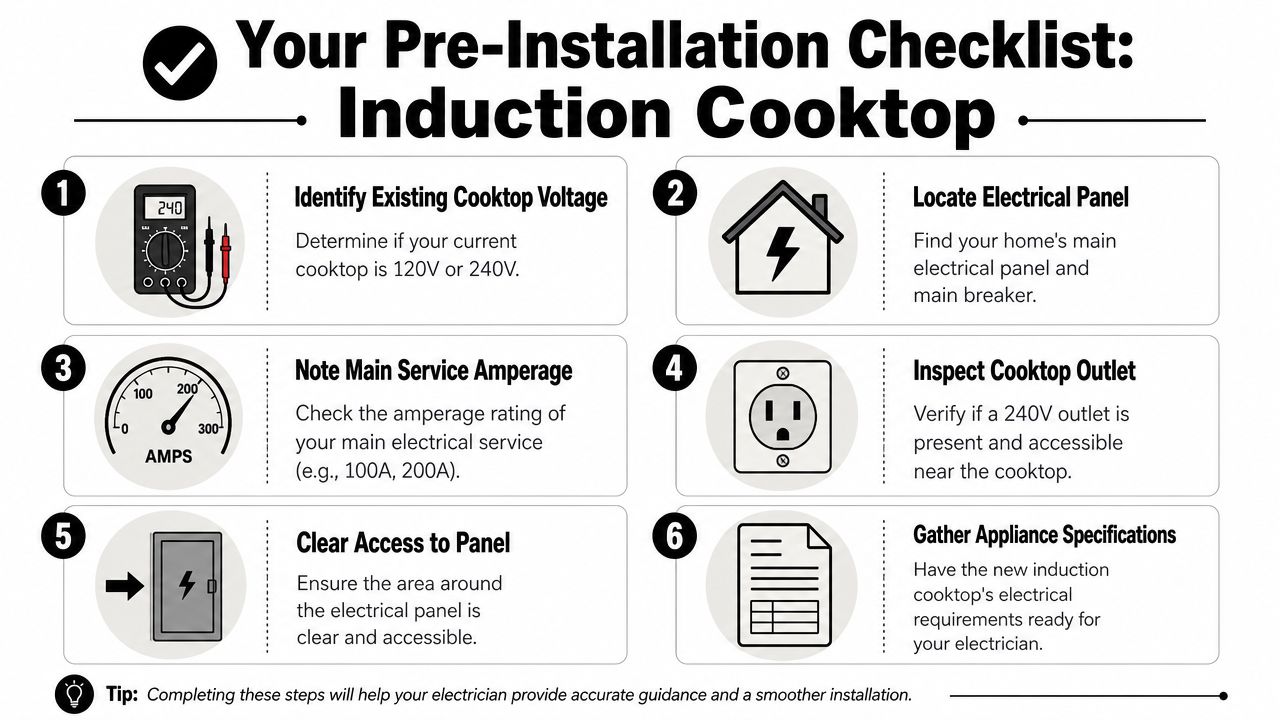A pre-installation checklist infographic for an induction cooktop showing six steps for preparing electrical requirements.
