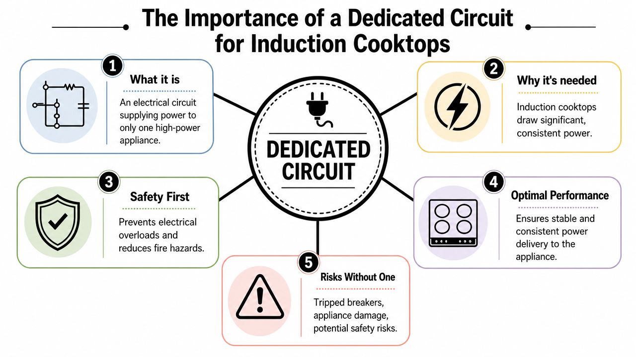 An infographic explaining why induction cooktops require a dedicated electrical circuit to ensure safety and performance.