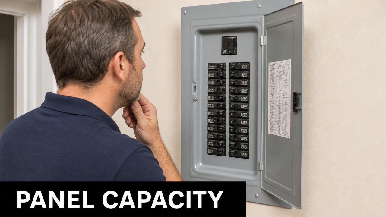 A man observing a residential electrical circuit breaker panel inside a home to check electrical system capacity.