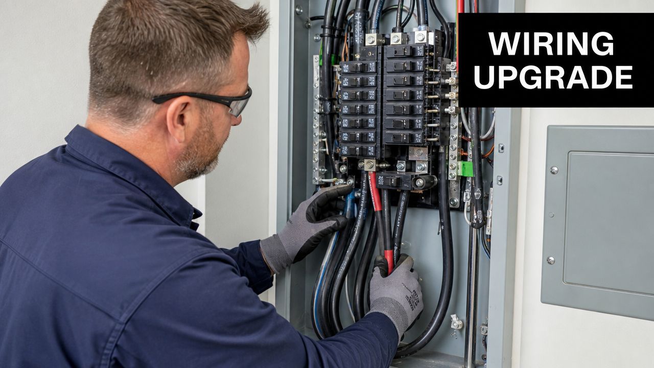 A professional electrician performing a wiring upgrade on a residential electrical circuit breaker panel.