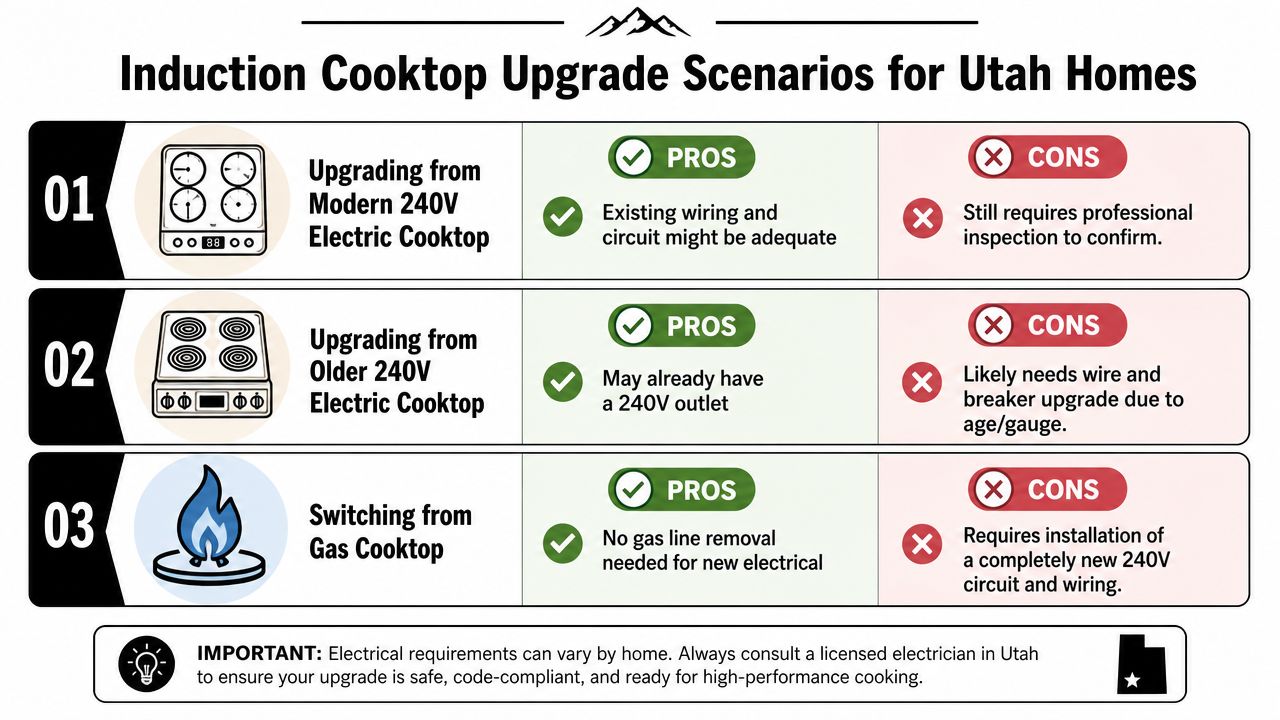 A chart illustrating three scenarios for upgrading to an induction cooktop in Utah homes with associated pros and cons.