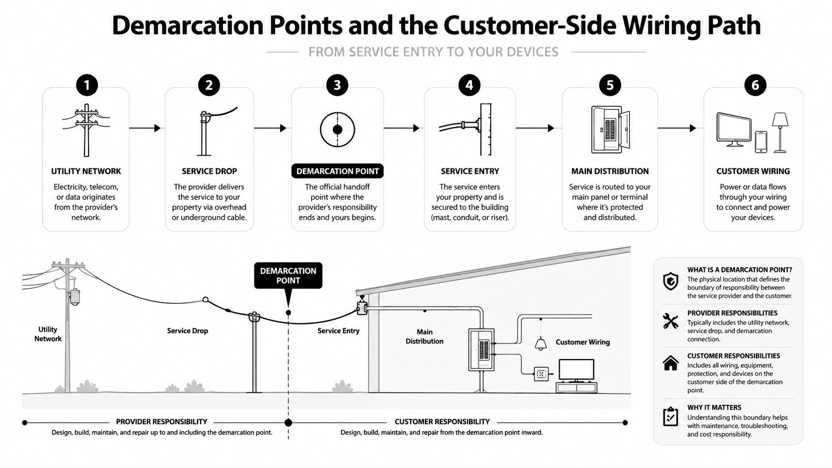 A diagram illustrating the demarcation point between a utility provider's network and a customer's internal wiring system.