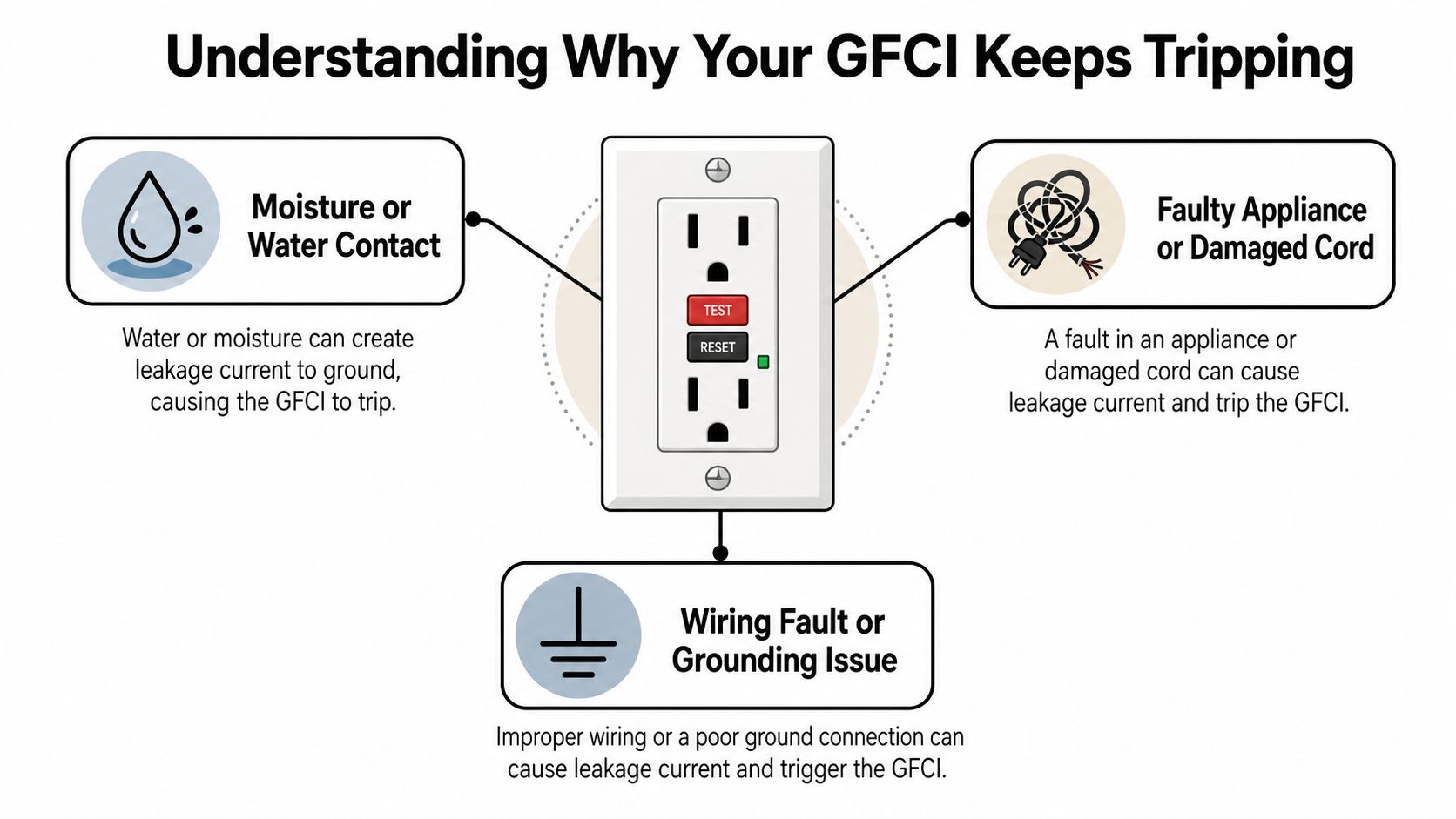 An infographic showing three common causes for a GFCI outlet to keep tripping: moisture, faulty appliances, or wiring issues.