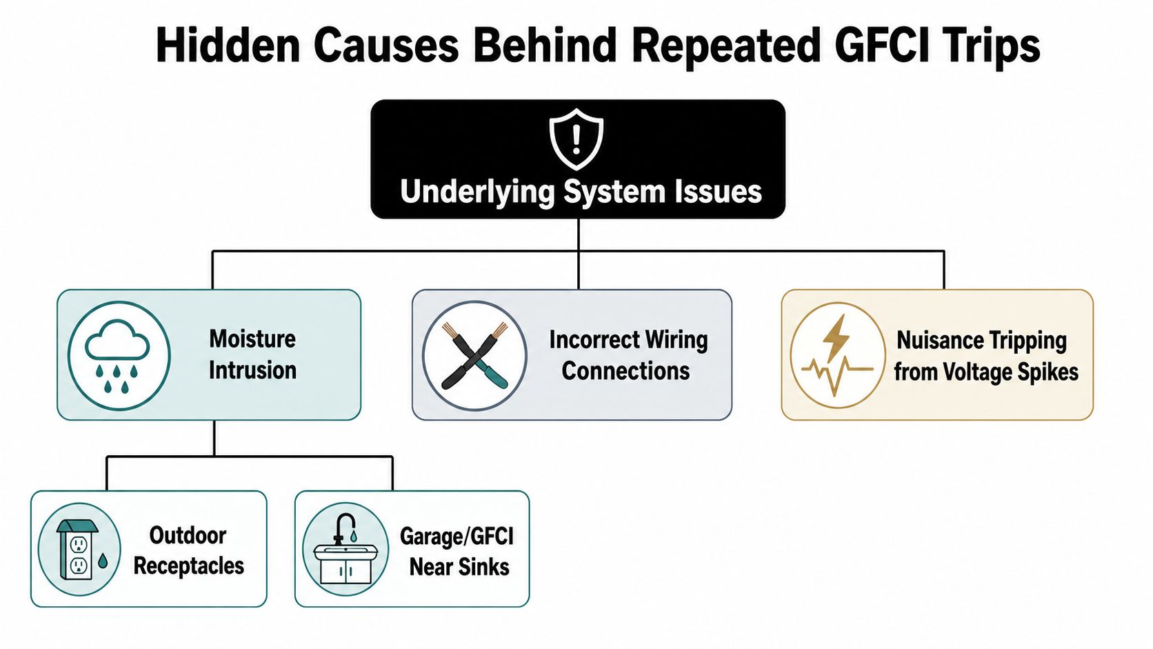 A flowchart diagram explaining the common causes of repeated GFCI outlet trips including moisture and wiring.